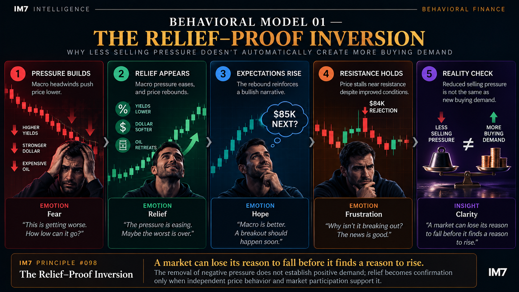 Five-stage IM7 behavioral finance model showing how macro pressure, market relief, rising expectations, resistance near $84K, and a reality check reveal that reduced selling pressure does not guarantee renewed Bitcoin buying demand.