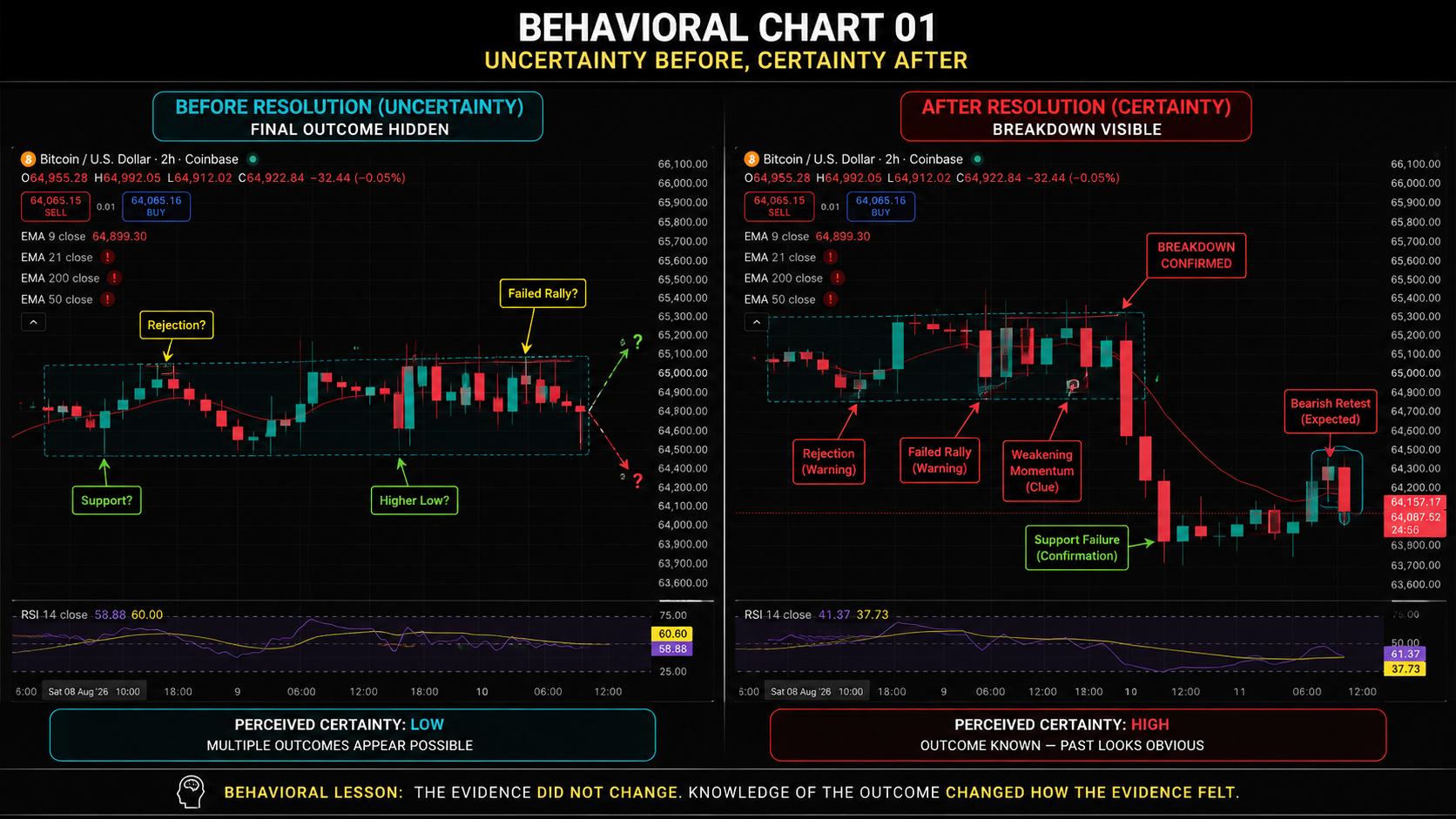 Chart illustrating Bitcoin's price in a consolidation range, with question marks indicating high uncertainty before the break, and a clear arrow indicating a confident directional move after the break.