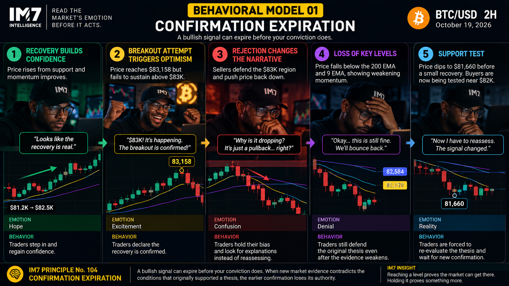 Five-stage IM7 behavioral model showing how Bitcoin traders move from hope during a recovery to excitement at a breakout, confusion after rejection, denial as support weakens, and reassessment when the original bullish signal loses validity.