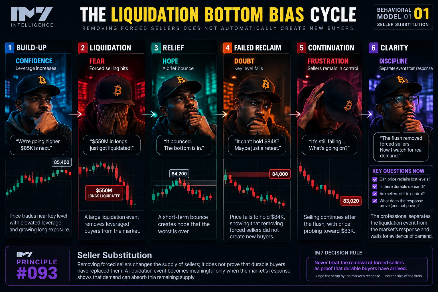 Behavioral model illustrating how leveraged confidence progresses through forced liquidation, relief, a failed reclaim, continued selling, and eventual clarity as traders separate the removal of forced sellers from evidence that durable buyers have arrived.