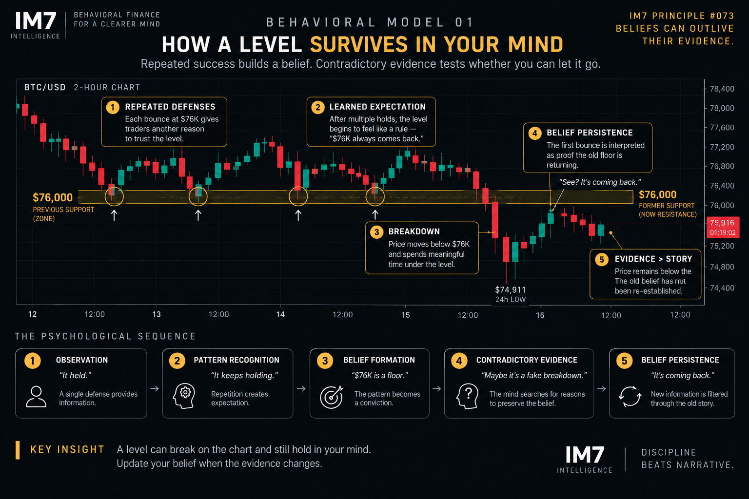 Five-stage behavioral model showing how repeated support defenses progress from observation and pattern recognition to belief formation, contradictory evidence, and belief persistence after the level breaks.