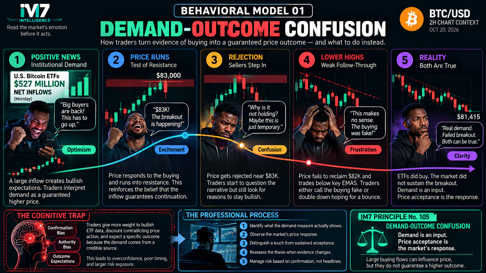Five-stage IM7 behavioral model illustrating how traders react to Bitcoin ETF inflows: optimism over institutional buying, excitement near $83,000, confusion after rejection, frustration during lower highs, and clarity that genuine demand does not guarantee rising prices.